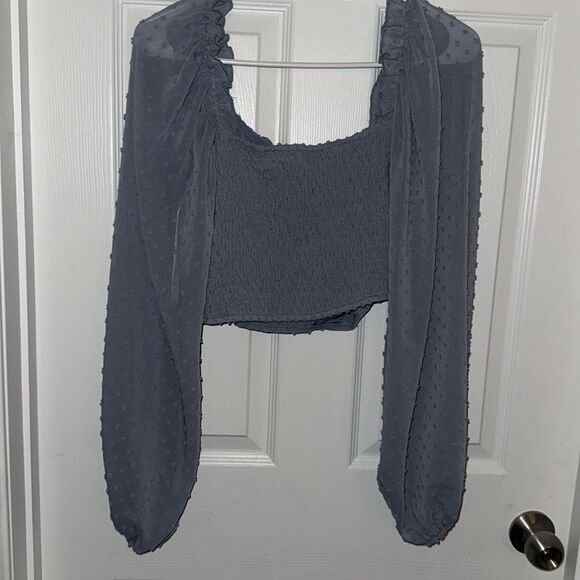 SHEIN Elegant Women's Swiss dot smocked back long sleeves crop Top EUC - Picture 5 of 5